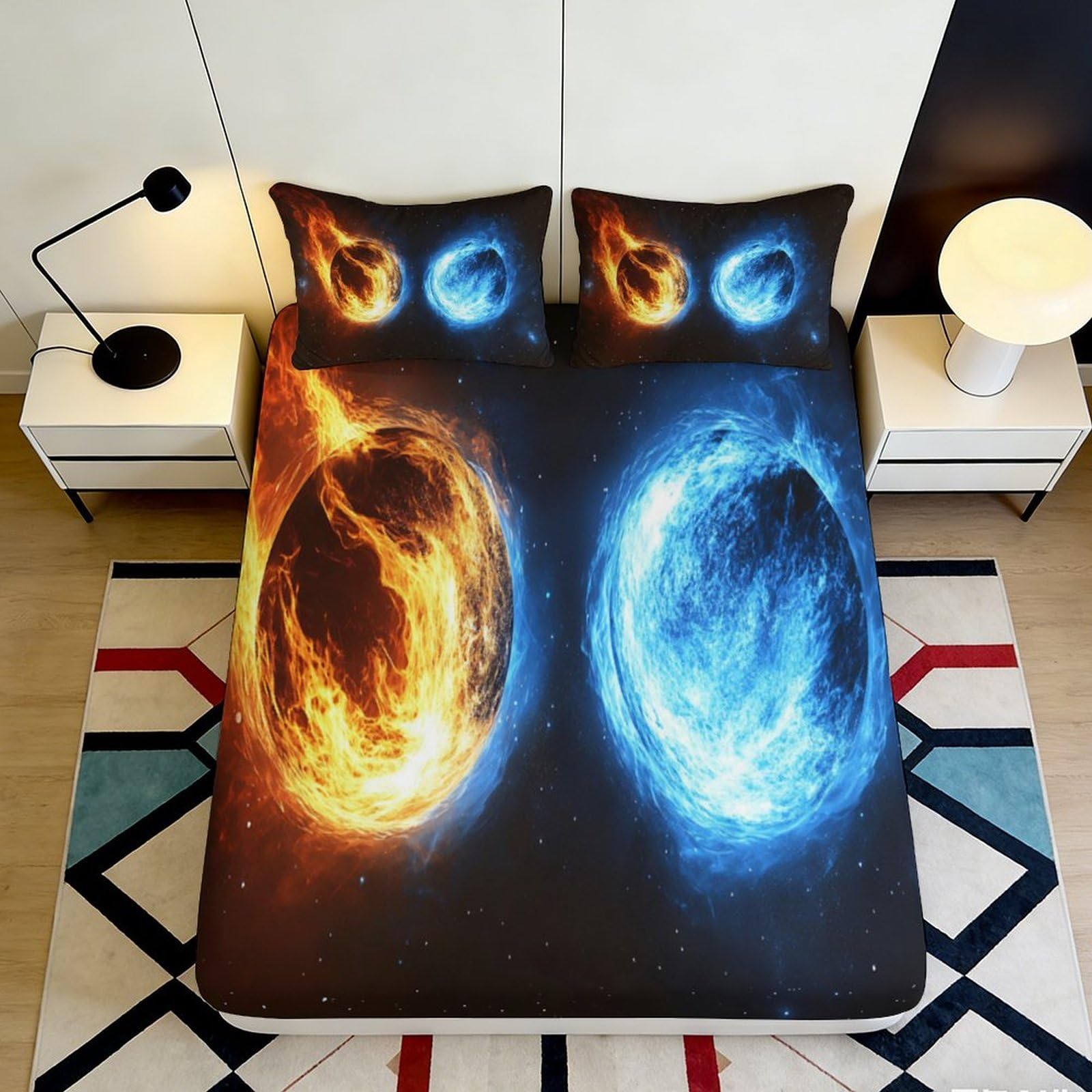 3D Printed Fire Ice Sphere Fitted Sheet Microfiber Anti-Slip Mattress Cover Easy Care Bedroom Decor for All Ages 200x200x25cm
