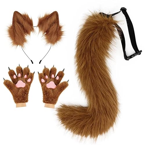 COSYEARS Fox Wolf Ears Headband Furry Tail Plush Cat Paw Mittens Gloves Set Halloween Party Cosplay Costumes Accessories - Brown