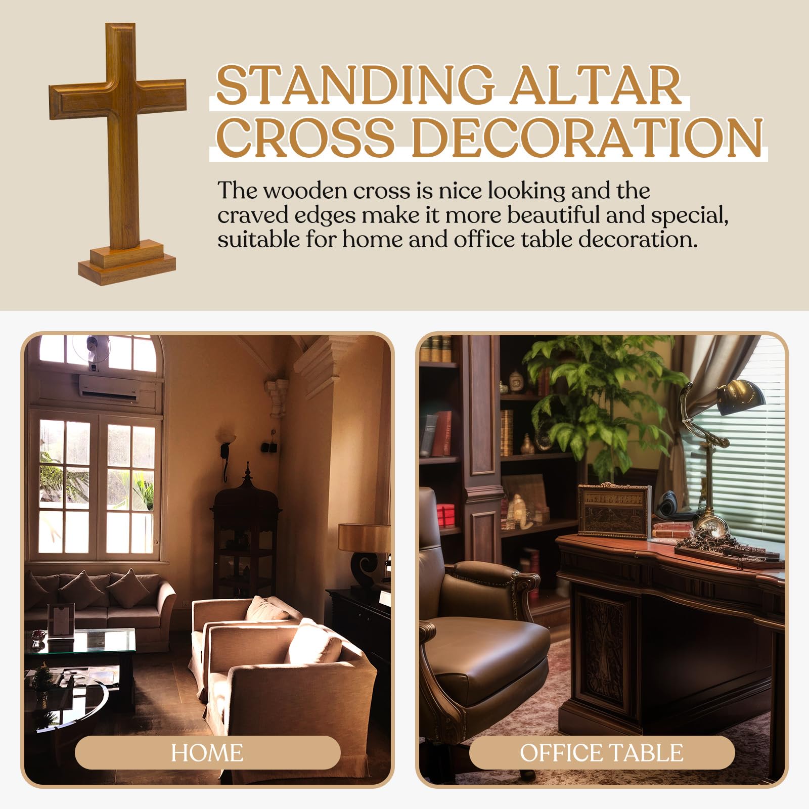 F Fityle Wooden Altar Cross with Stand, Double-Sided Display Cross Decor for Home Chapel, Church Decor, Christian, Style A - Image 3