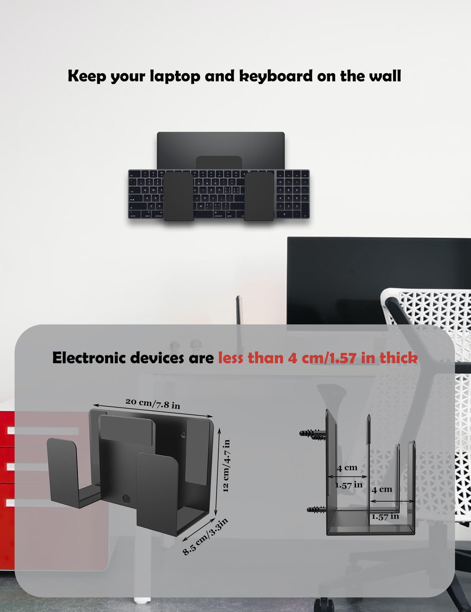Soporte de pared universal para organizador de oficina para computadora portátil/teclado/tablet/Kindle/router/módem/caja de cable/teléfono celular y más dispositivos pequeños y anchos