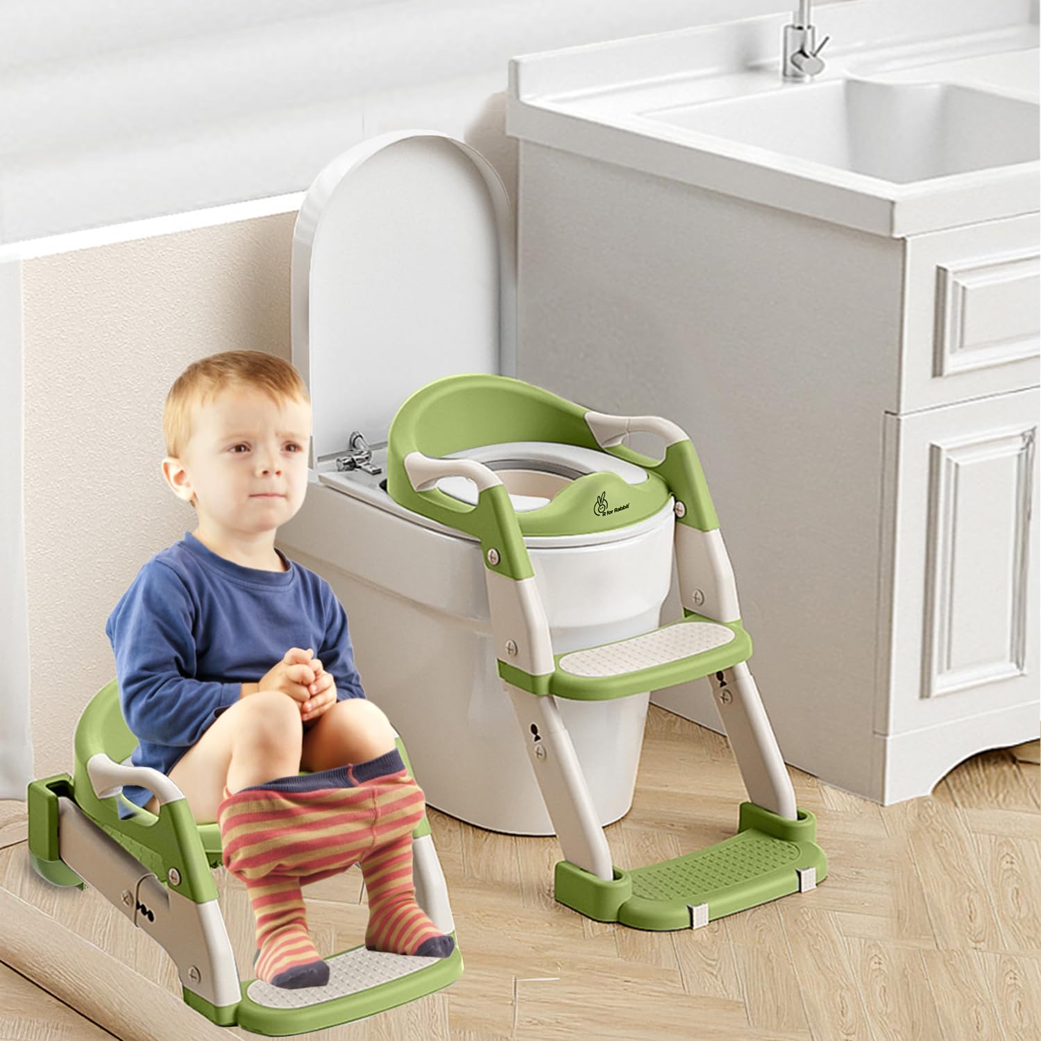 R for Rabbit Hilltop Trainer 2-in-1 Potty Training Seat & Step Stool | Adjustable Height with Anti-Skid Base, Universal Fit & Foldable Toilet Seat for 1-7 Years Kids, Toddler (Green White)-image-45