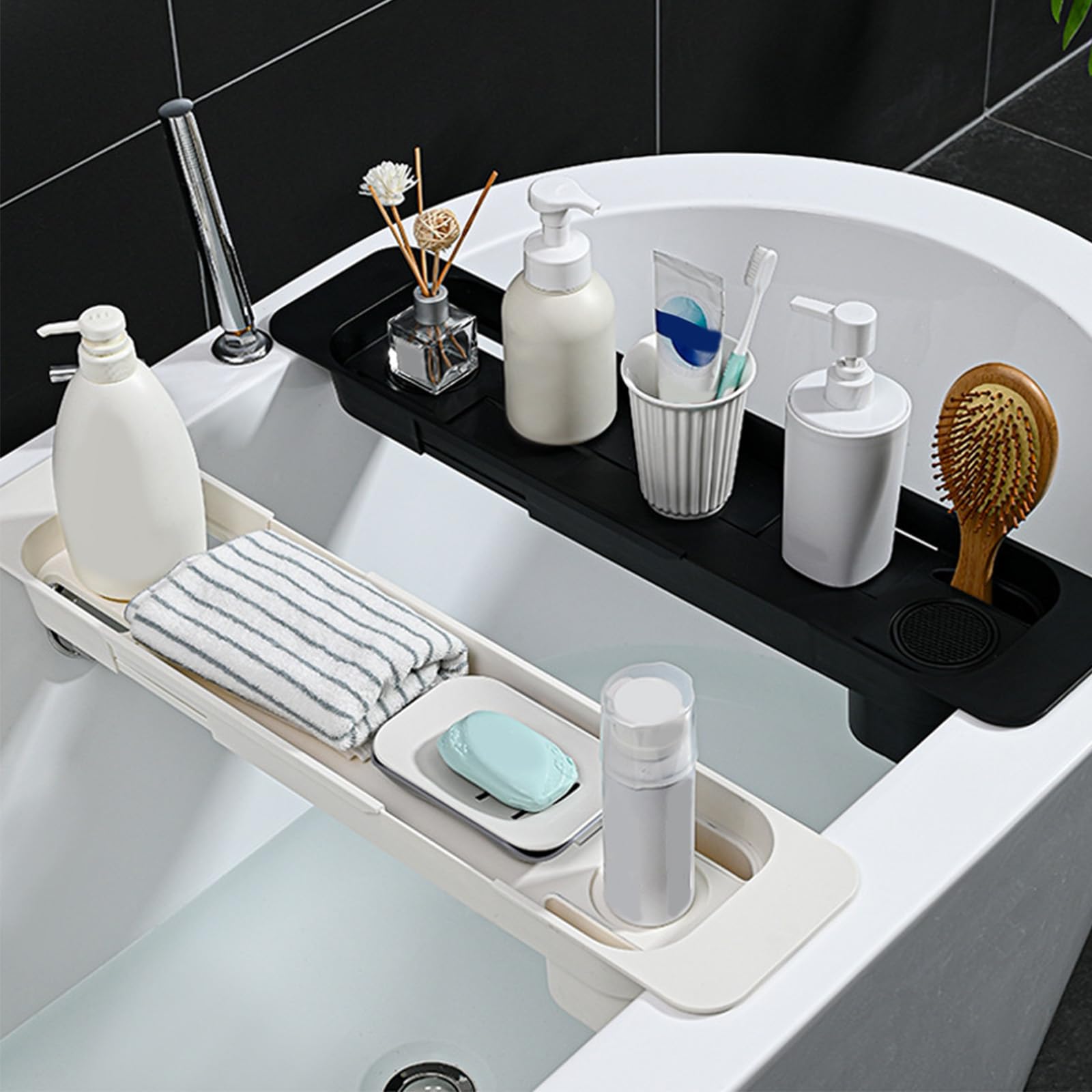 Vassoio Da Bagno Espandibile Con 3 Scomparti, Regolabile E Antiscivolo, In Grigio E Nero, Per Relax, Lettura E Momenti Spa