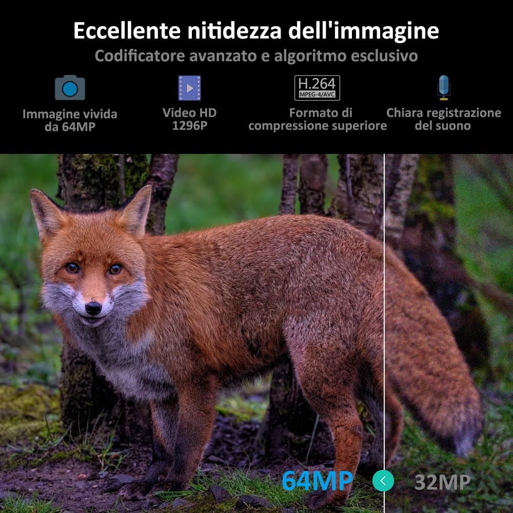 GardePro A3S Fototrappola Infrarossi Invisibili 64MP 1296P H.264 Vidéo, 0,1s Tempo di Attivazione Fotocamera da Caccia Visione Notturna Fino a 30m, No-Glow IR LEDs, IP66