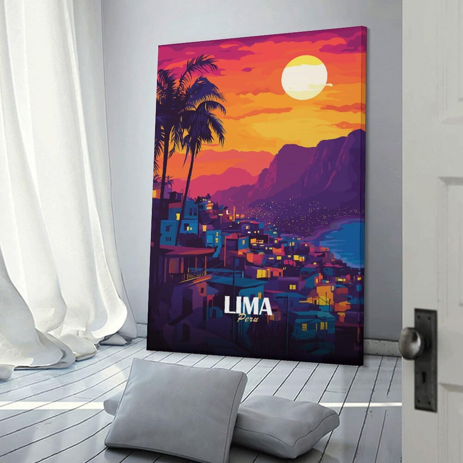 Junmoney Hanging Wall Art Lima, Peru Cityscape at Sunset, 24x36inch(60x90cm), for Work Areas, Reading Rooms Or Studios, Wall Art That Adds Style to Work Areas