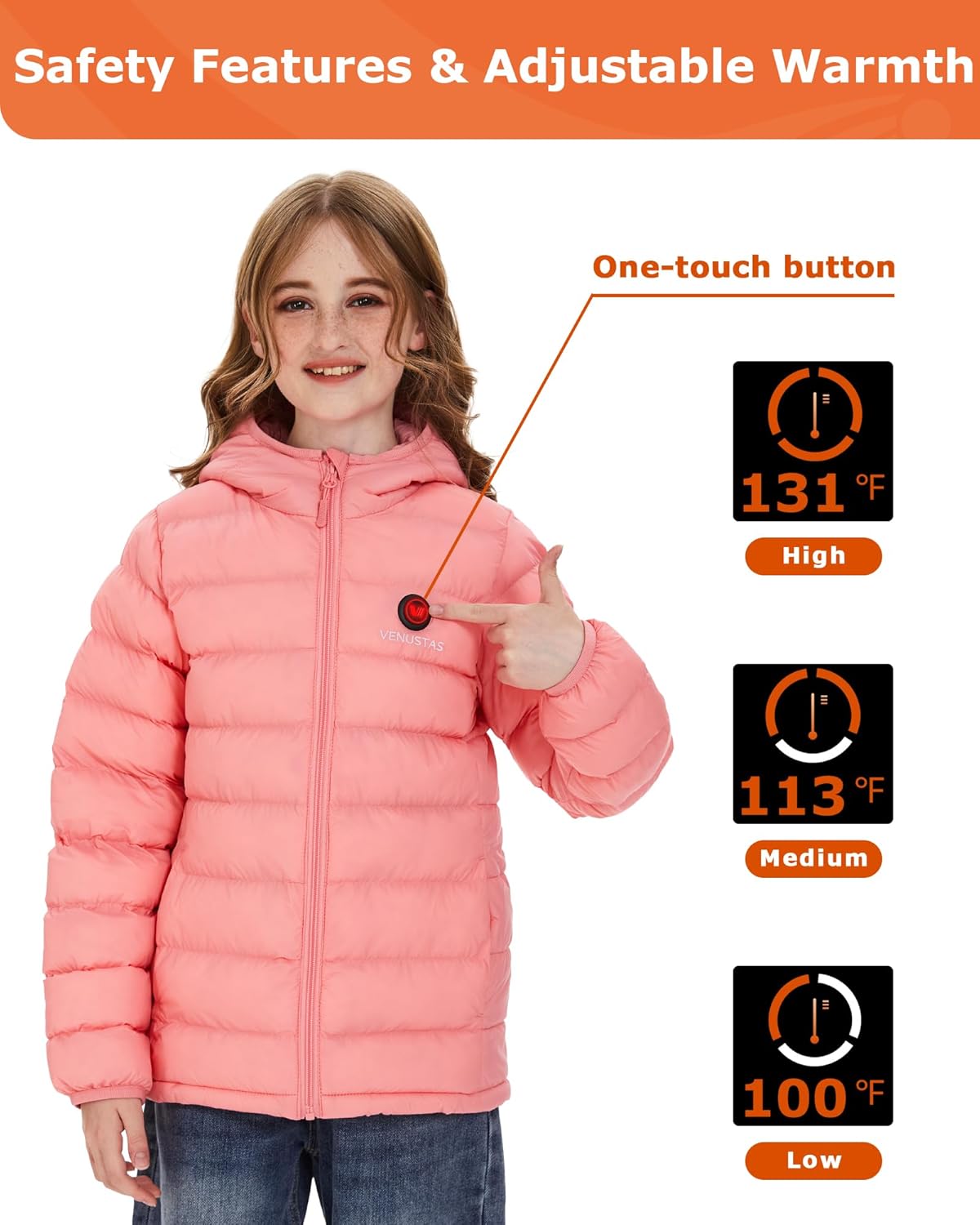 Venustas Kids Heated Jacket with Battery Pack, Girls Lightweight Electric Heated Coat - Image 2