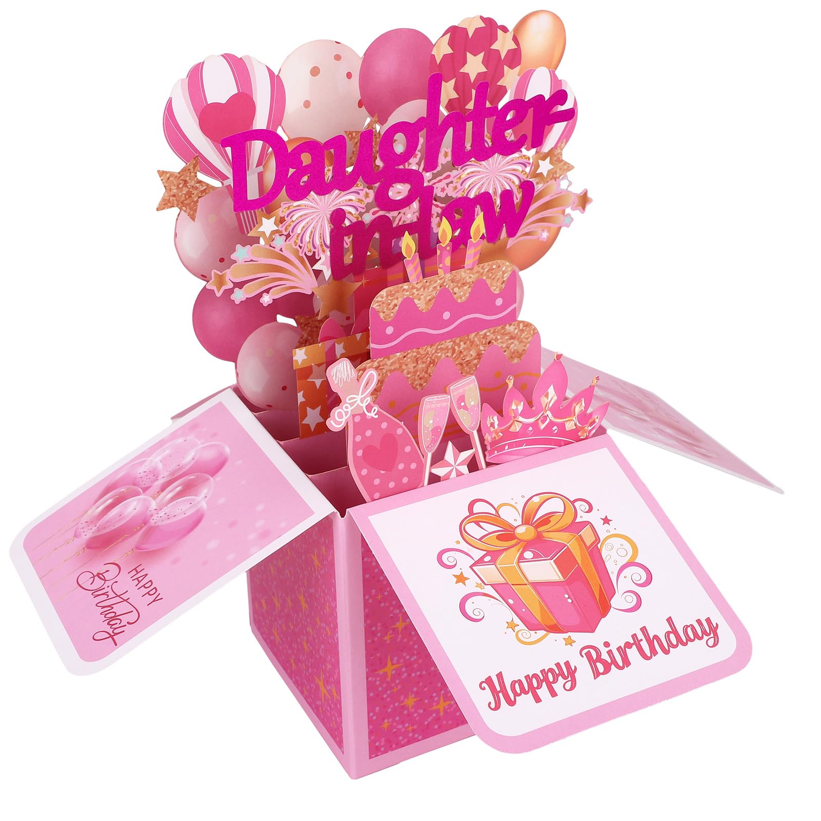 Birthday Pop Up Card for Daughter in Law, 3D Colorful Balloons & Fireworks Popup Happy Birthday Greeting Card with Envelope Creative Box Gift & Party Decor from Mother Father in Law