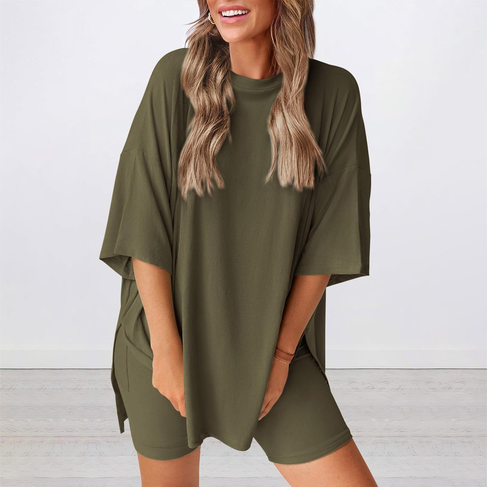 Conjunto de descanso de dos piezas para mujer, camisas casuales de verano de gran tamaño, traje de viaje — view 3