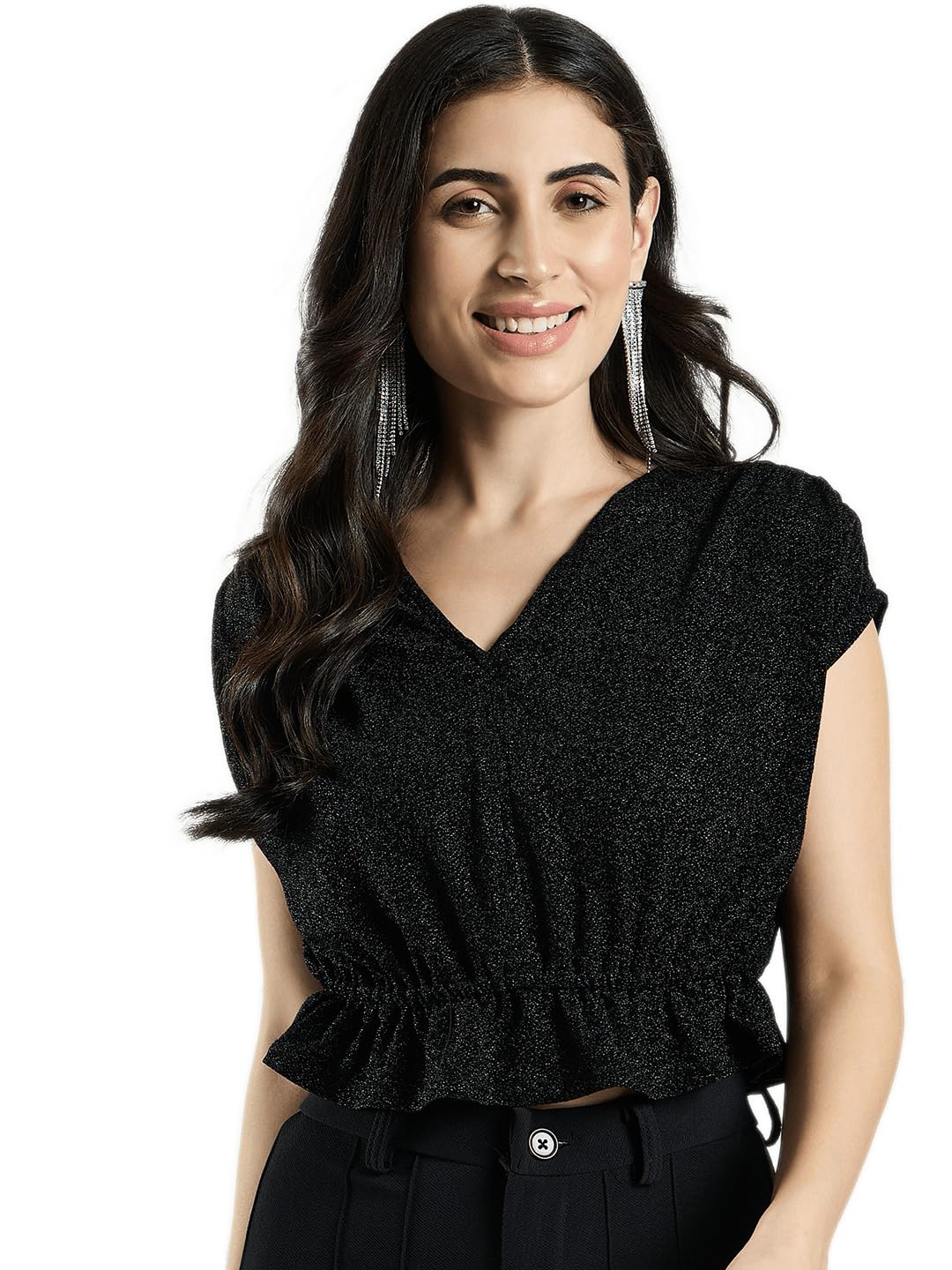 drape and dazzle Women V-Neck Shimmer Crop Top-picture-46