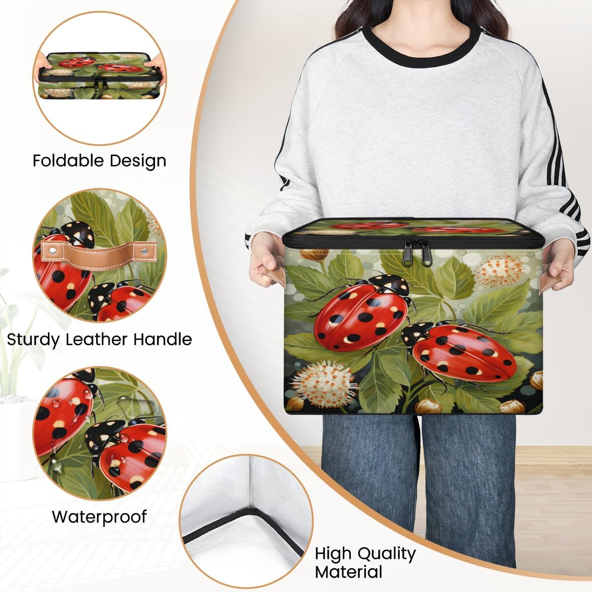 Storage Bin Set of 2 Leaf Ladybugs Storage Basket with Zipper Lid & Handle Foldable Closet Shelf 2 Pack Cloth Organizer Basket Cube Bins Clothes Organizer for Bedroom, Nursery