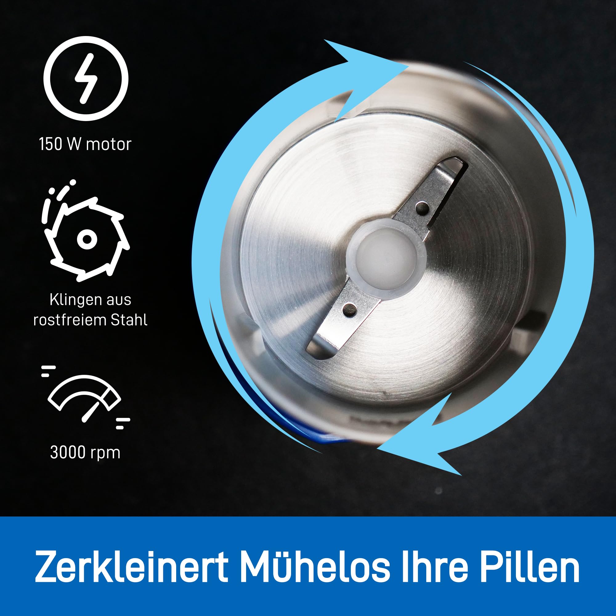 Elektronischer Pillen-Mörser - Feines Pulver Elektronischer Pulverisierer für kleine und große Medikamenten - Mit Pillen Organizer, Bürste, Löffel, Tuch und Edelstahlklingen von Pill Mill