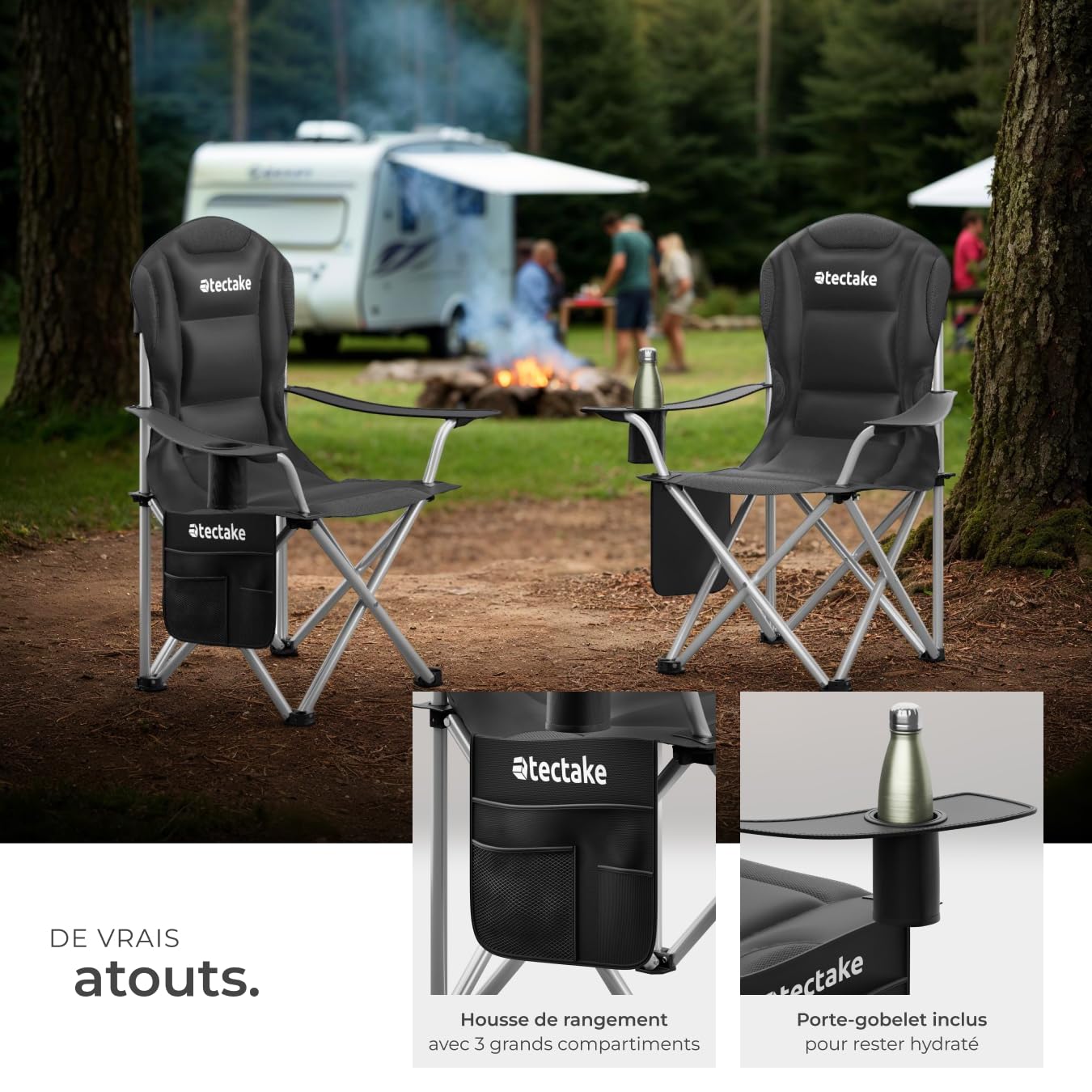 tectake® Lot de 2 Chaise Pliante Camping Fauteuil Pliable Ultra léger Rembourrage en Mousse avec Porte Gobelet & Sac de Transport, idéal Chaise Camping Voyages, Pêche, Festival, Plage