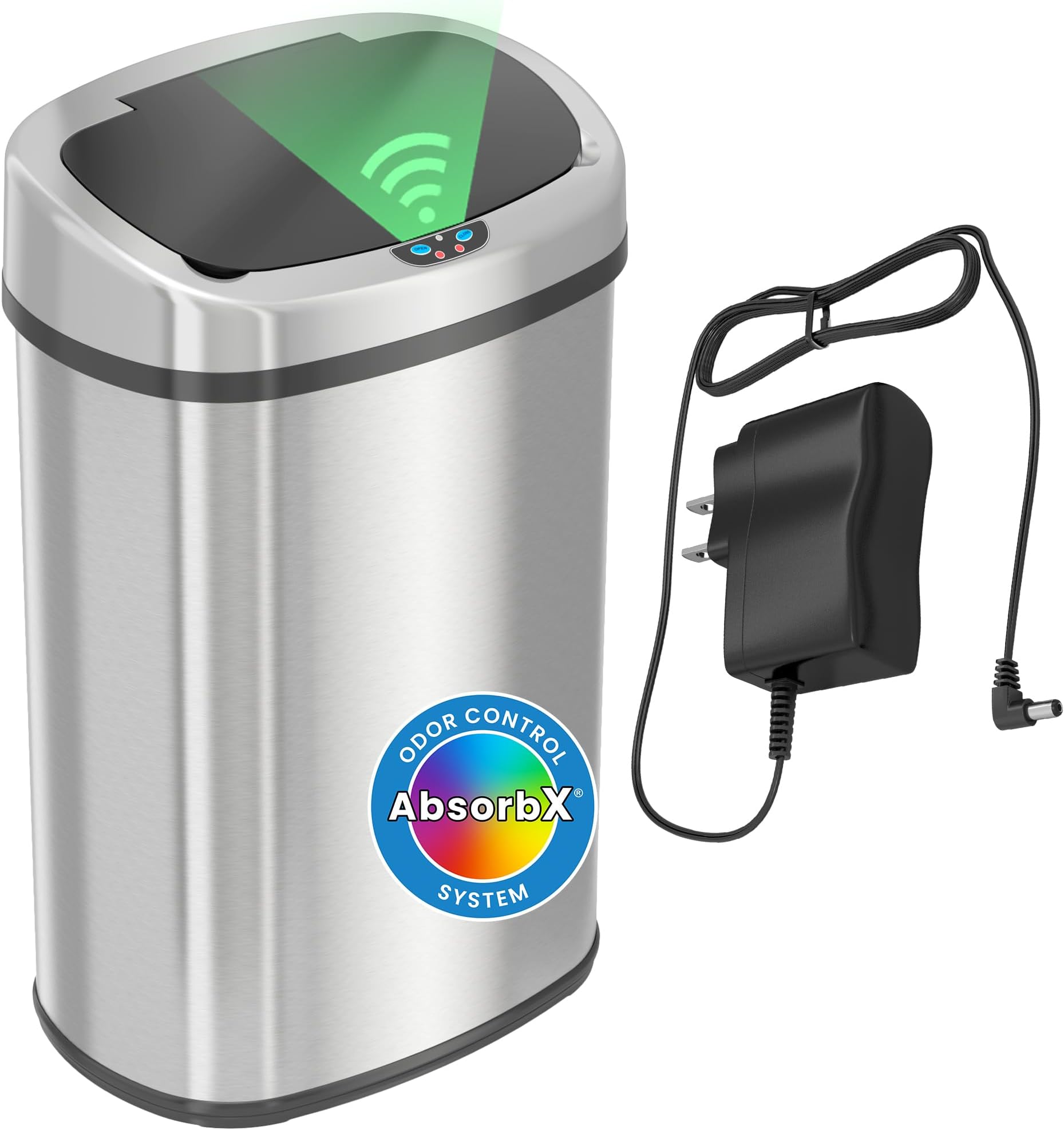 SensorCan 13 Gallon Oval Sensor Trash Can with AC Adapter and Odor Filter, Automatic Motion Sensor Kitchen Bin, Soft-Close Stainless Steel, Slim Curved Wastebasket for Narrow Walkways, Matte Silver