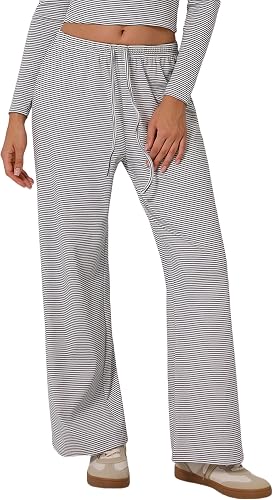 ABOCIW Women's Cotton Wide Leg Striped Pants Casual Drawstring Elastic Low Rise 