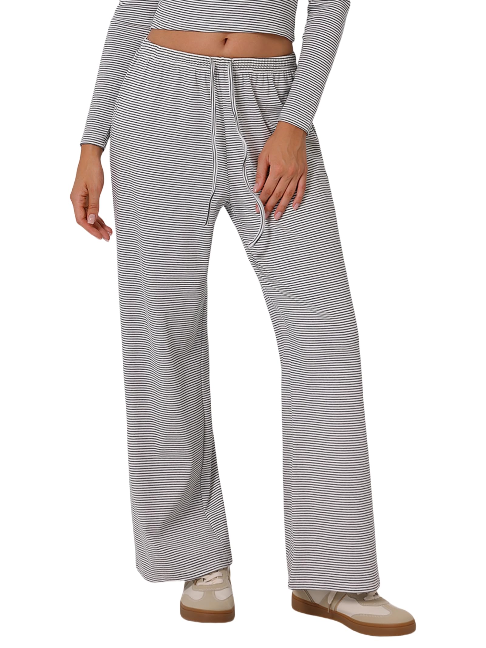ABOCIW Womens Cotton Striped Wide Leg Pants Casual Drawstring Elastic Low Rise Loung Pants Pajama Trousers