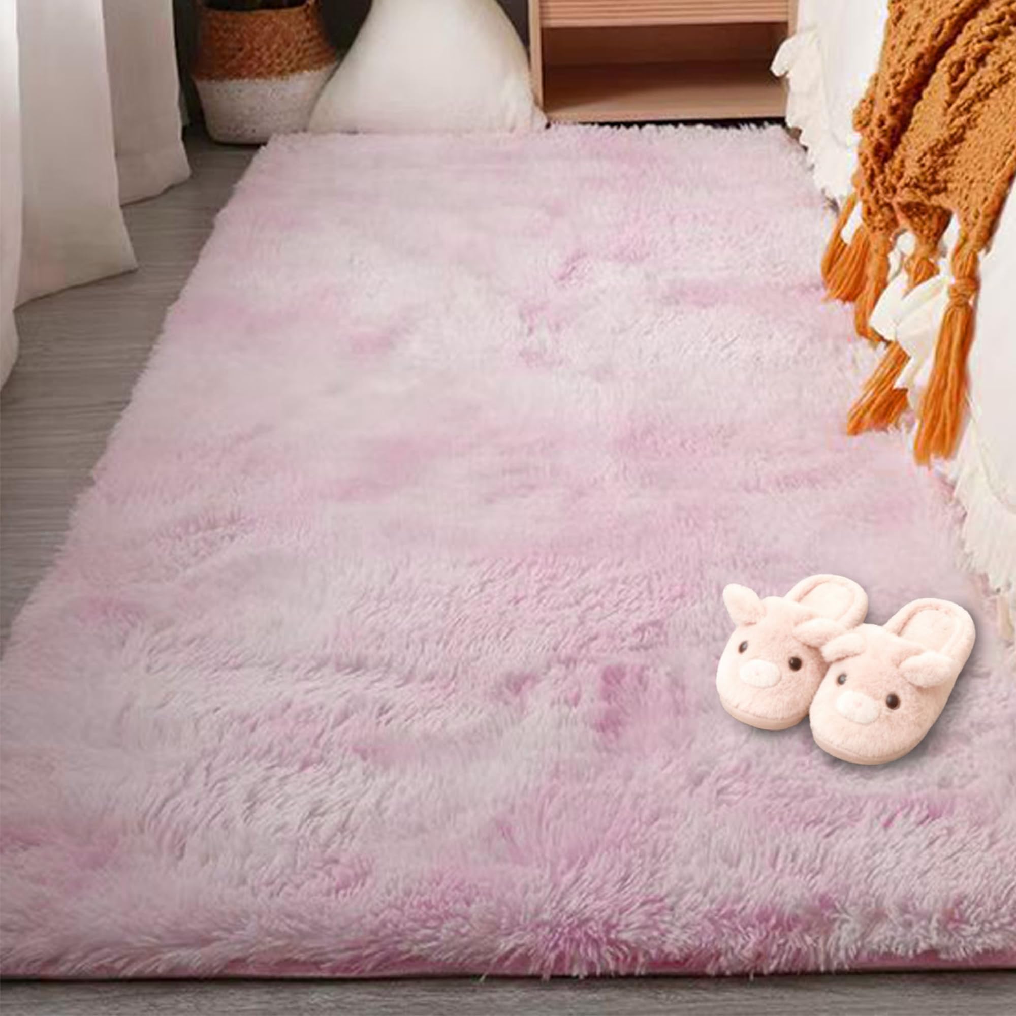 Tapis poil long doux 130x260 cm rose grand confort thermique pour sol de chambre