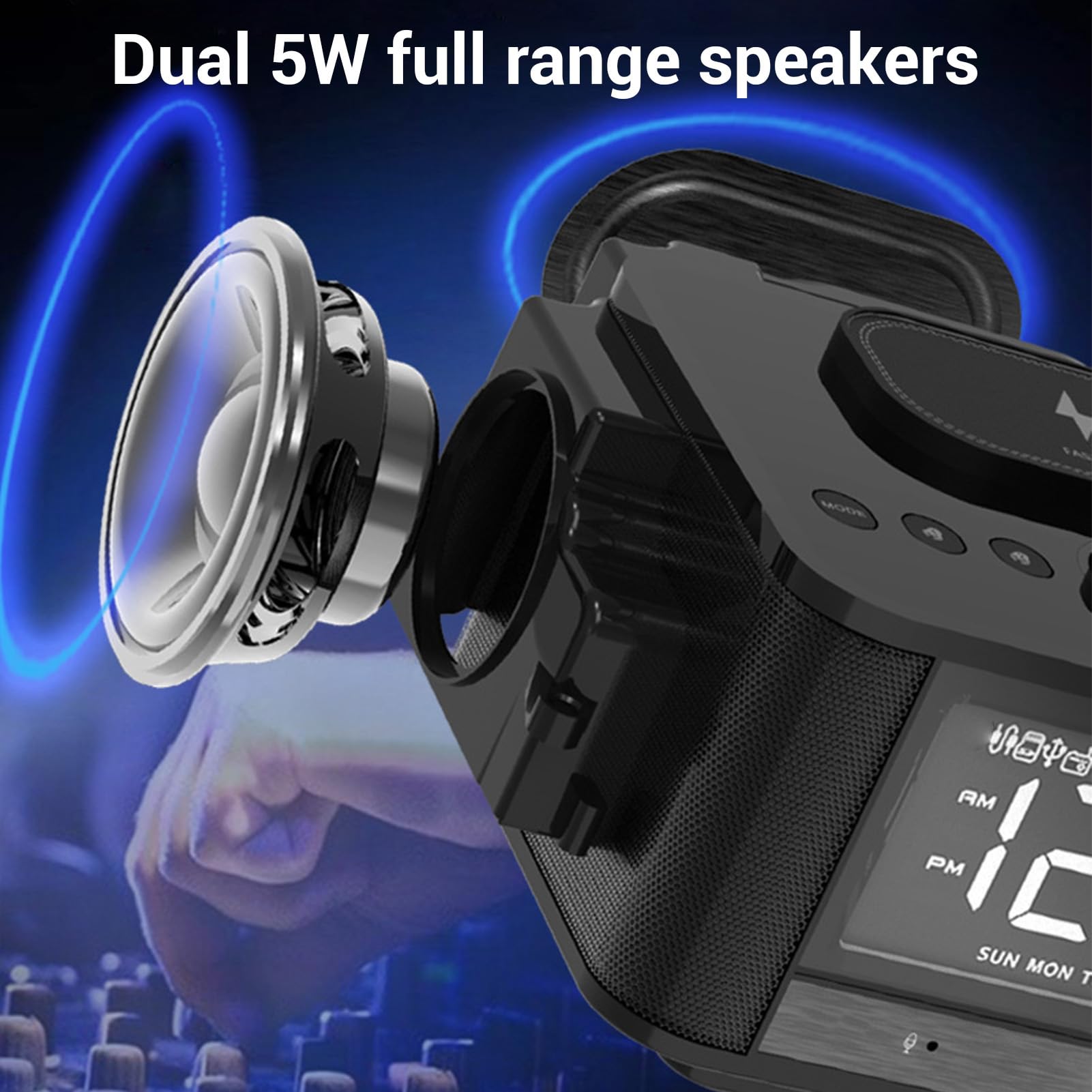 Goshyda Altavoz Bluetooth con Carga Inalámbrica, Radio Despertador para Dormitorios, Reloj Digital Regulable con Estación de Carga de Radio FM, Tarjeta de Memoria y Reproducción (Enchufe de la UE)