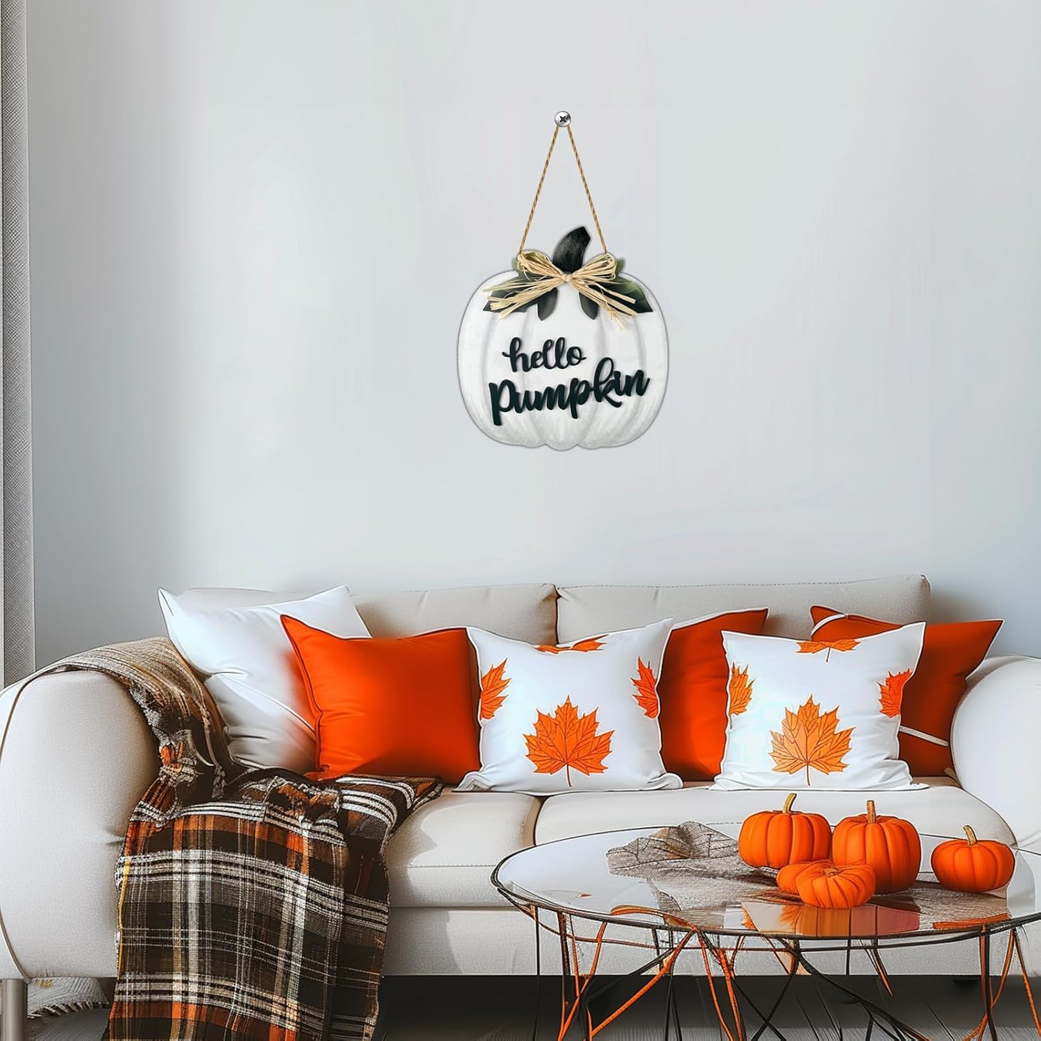 Fall Door Decor White Pumpkin Wall Decor Hello Pumpkin Sign with Raffia Bow Fall Decorations for Home Porch Wooden Front Door Hanger for Harvest Thanksgiving Indoor Outdoor Home Decorations
