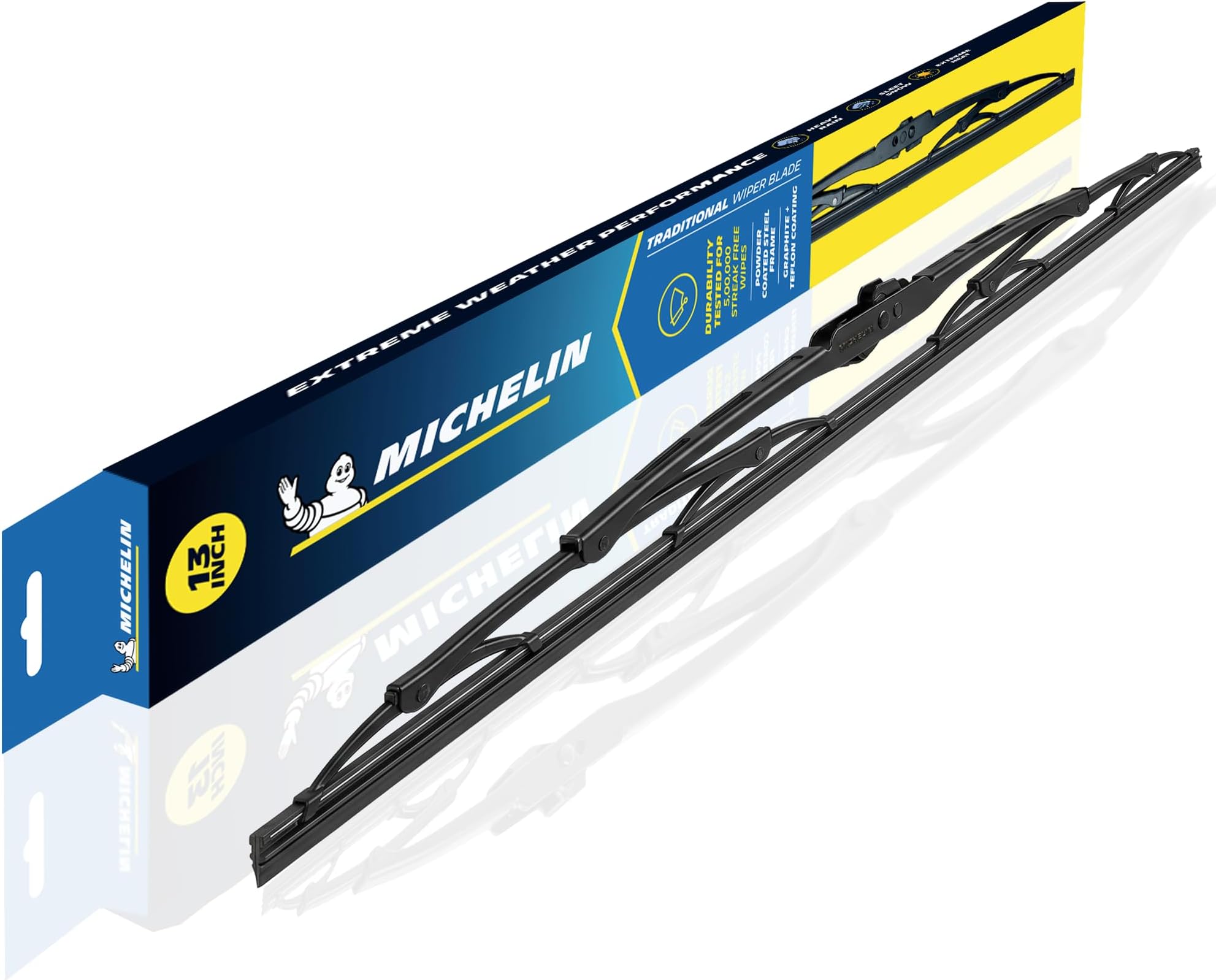 MICHELIN Traditional Wiper Blade | Aerodynamic High-Performance Wiper with Graphite & Teflon Coated Natural Rubber for Streak-Free Wipe | U-Hook Type Rust-Resistant Steel Frame (1, 12 Inch)