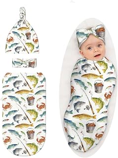 Vintage Bass Fishes Fishing Baby Swaddle Blanket with Headband and Beanie Set, Soft Newborn Swaddle Outfit Infant Shower Gift for Boys Girls