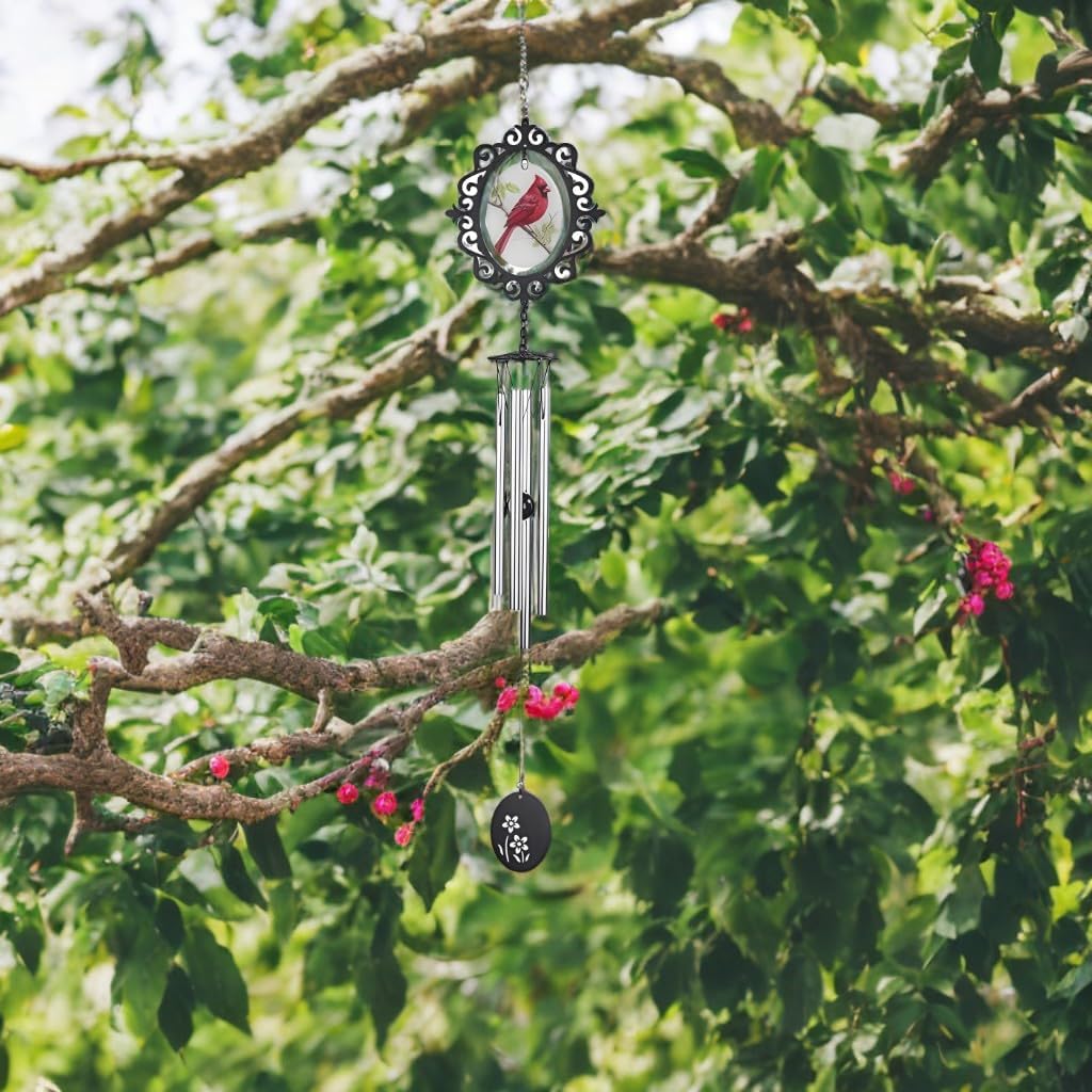 ICE ARMOR 33" Long Red Cardinal Glass Wind Chime Statue Sculpture Ornament Decoration Home/Room Decor and Gift Ideas for Housewarming, Holidays and Birthdays Great Collectible Addition