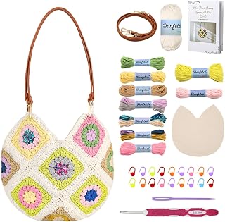 Hanfetch Crochet Kit for Advanced or Intermediate Beginner, Step by Step Video Tutorial and Detailed Guide Instruction DIY Craft Supplies for Adult and Kid with Complete Kit for Granny Square Tote Bag
