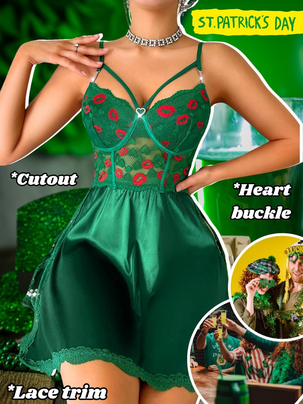 ShawGobow Heart Lace Babydoll Lingerie,Lip Embroidered Cutout Sexy Satin Dress,One Piece Chain Side Slit Nightgown Boudoir