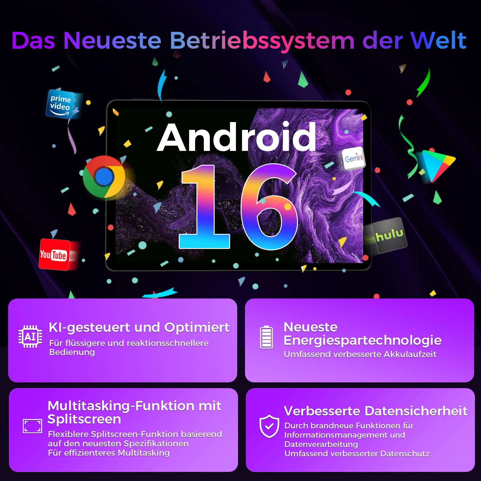 2026 Neuestes Tablet 10.1 Zoll Android 16 mit Gemini AI, 16GB RAM + 64GB ROM, GMS Widevine L1, WiFi 6 & BT 5.3, 6000mAh Dünn und leicht Tablet mit Gesichtserkennung
