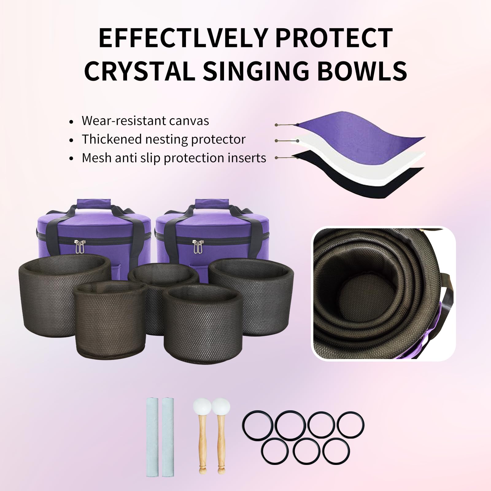 Hye-eun Kristall - Juego de cuencos de sonido de 7 piezas, 432 Hz, 10,9-30,5 cm, con arco iris bicolor – Cuenco de sonido de cuarzo, bolsa de transporte y palo de piel de oveja para yoga, meditación y