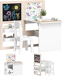 AIYAPLAY Mesa y Silla Infantil de 2 Piezas Mesa Infantil con Silla y Caballete Plegable Mesa para Niños de +3 Años con Estantes y Rollo de Papel para Dormitorio Sala de Juegos Blanco