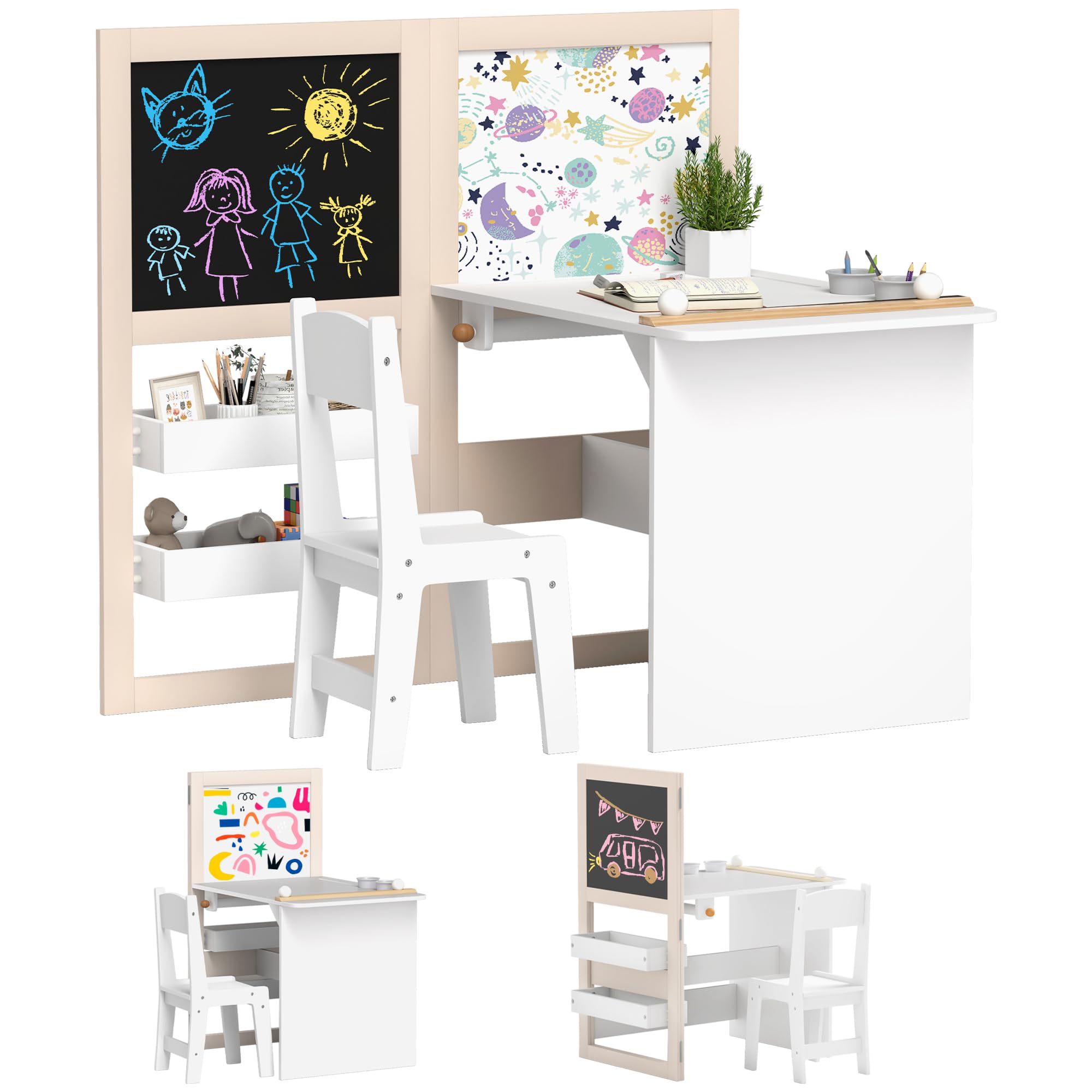 Qaba Kids 3 in 1 Art Table and Chair with Storage Shelves, Foldable Blackboard, Whiteboard & Roll Paper, Toddler Table and Chair Set for 3-8 Years, White