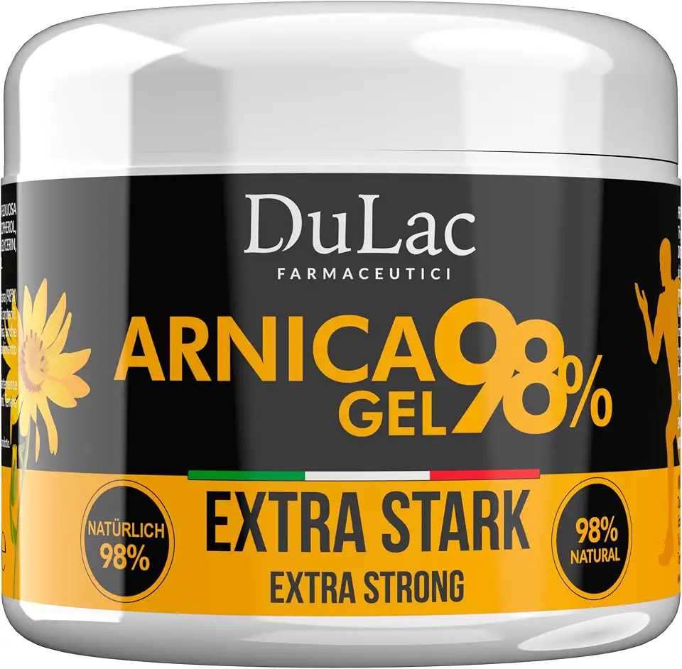 Arnika bei Muskelschmerzen, Quetschungen, Verstauchungen und vielen mehr 3 Dulac – Arnika Gel 98% Kühleffekt, 500 ml, Arnika Pferdegel Für Mensch Extra Stark, Lindert Müde Muskeln und Gelenke, Beruhigend und Entspannend, Mit Buriti-Öl, Thymian, Menthol, Made in Italy