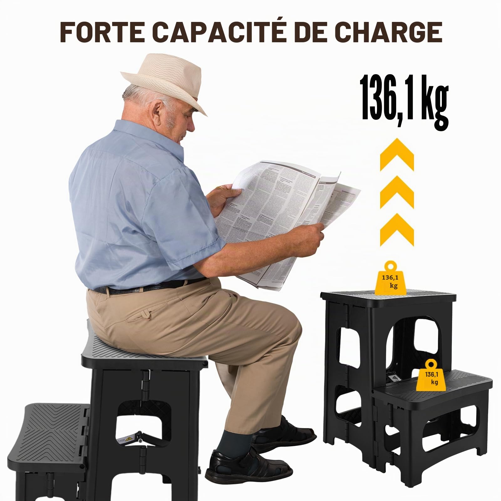 Tabouret pliable à 2 marches pour adultes, repose-pieds pliable antidérapant pour enfants et tout-petits, tabouret de chevet portable, peut supporter jusqu'à 136 kg, escabeau léger et pliable pour