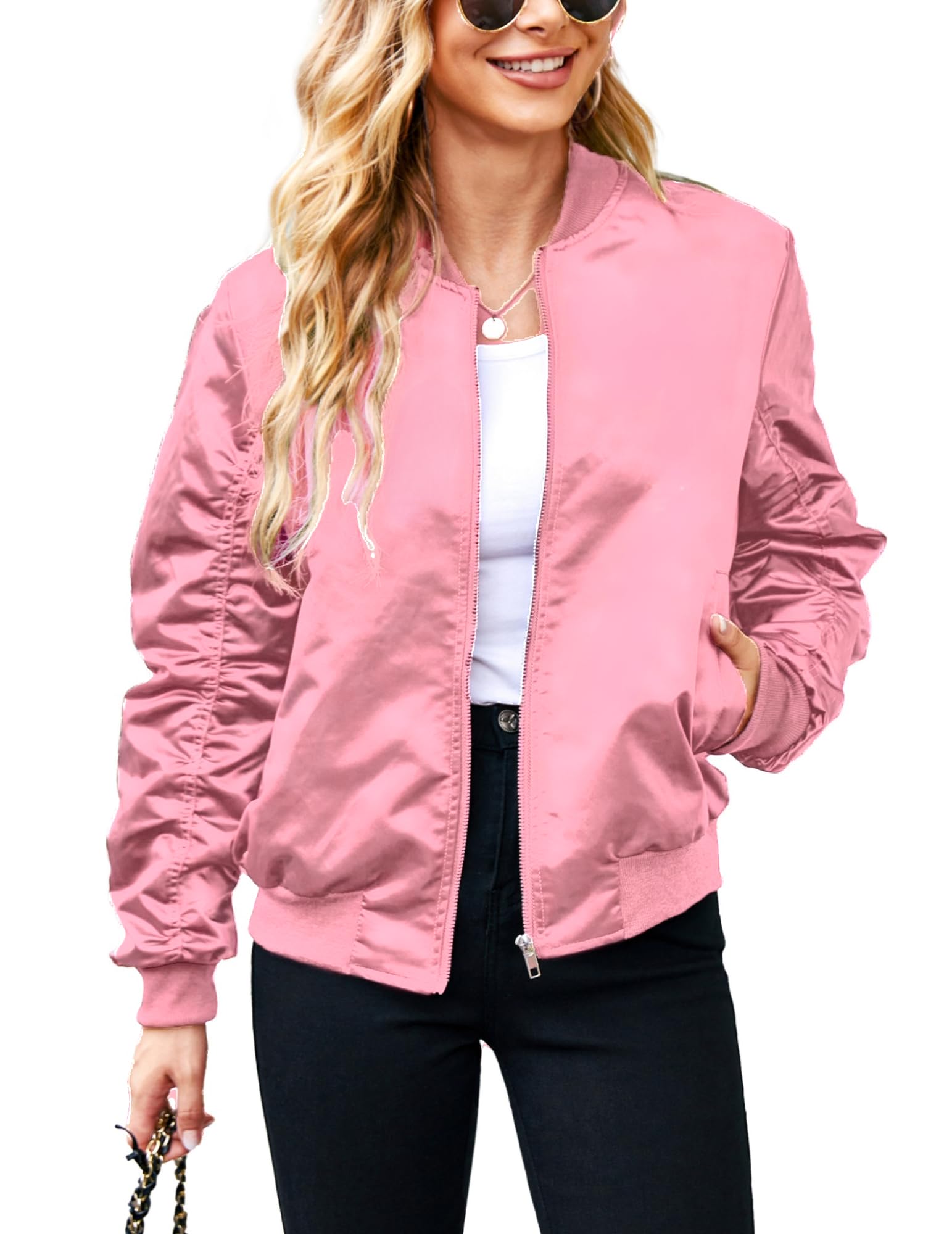 ACEVOGBomber Jacket Women Zip Up Casual Jackets Coat Oversized with Pockets Fall Outfits