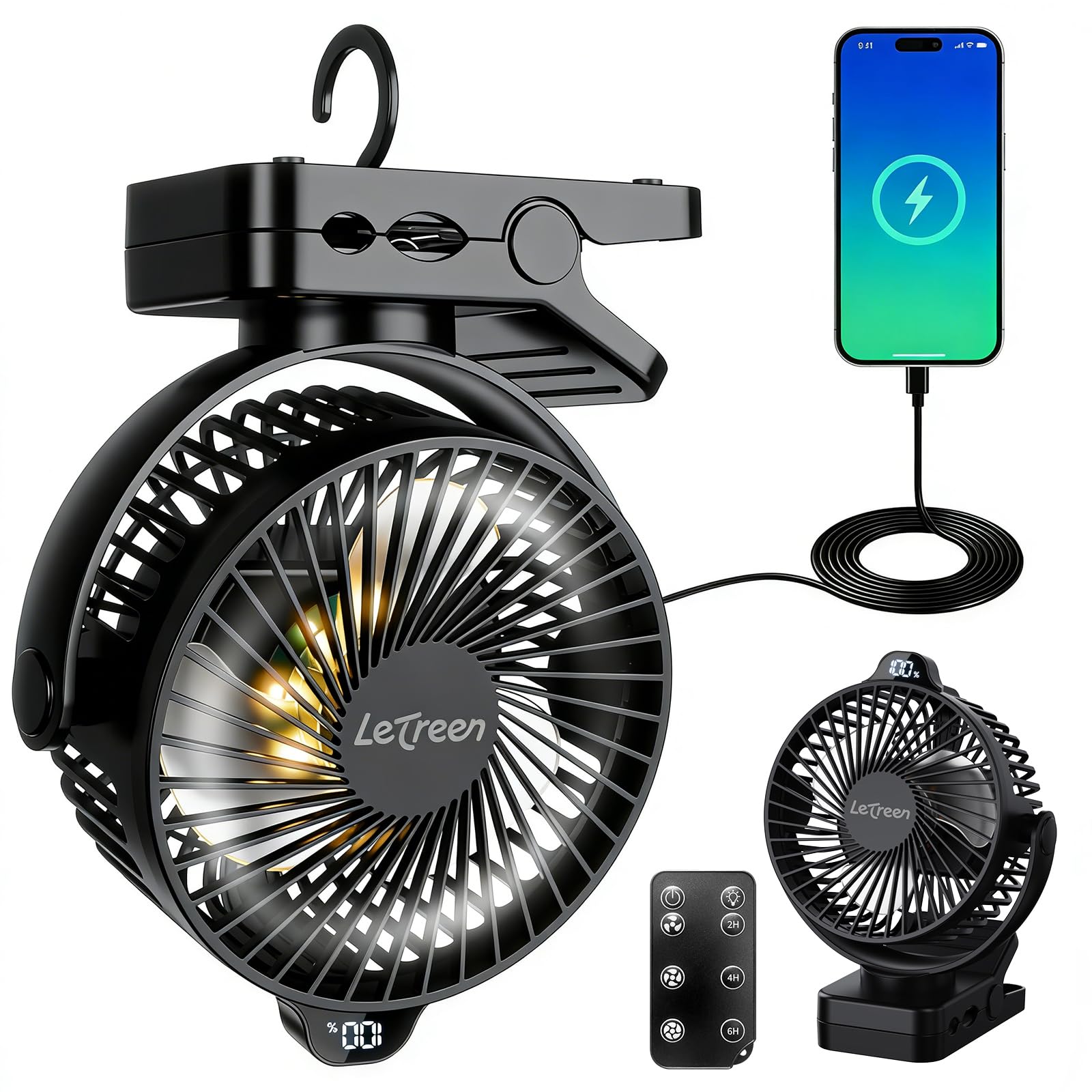 LETREEN 15000mAh Clip on Fan, 3 in 1 Rechargeble USB Desk Fan with LED Light & Display, 3 Speed Level & 360° Rotation, Personal Cooling Fan with Remote Control for Camping Tent Baby Stroller Office