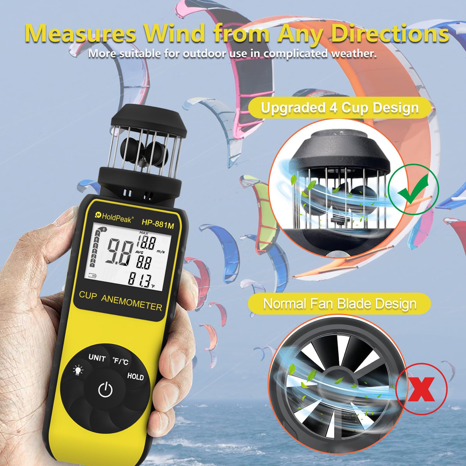 Anémomètre Numérique, HoldPeak 881M Vitesse du Vent de Mètre 4 Cups Wind Speed Meter 0.7~42m/s Compteur de Vitesse du Vent et Température (℃/℉) avec Boussole, pour Tir, Pêche, Voile, Kitesurf