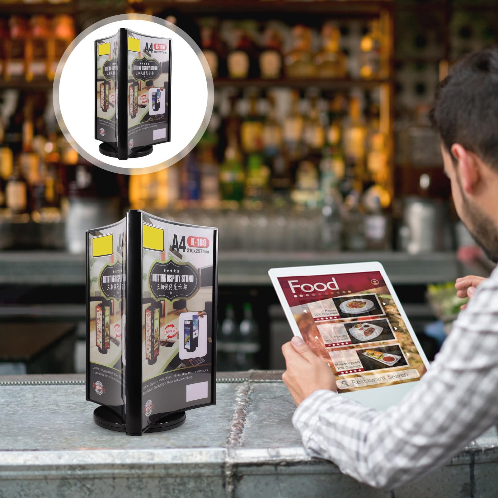 ifundom Portamenús Giratorio Soporte Multifuncional con Base Estable de Acrílico y Diseño Fácil de Usar para Tarjetas de Menú y Precios para Restaurantes y Bodas