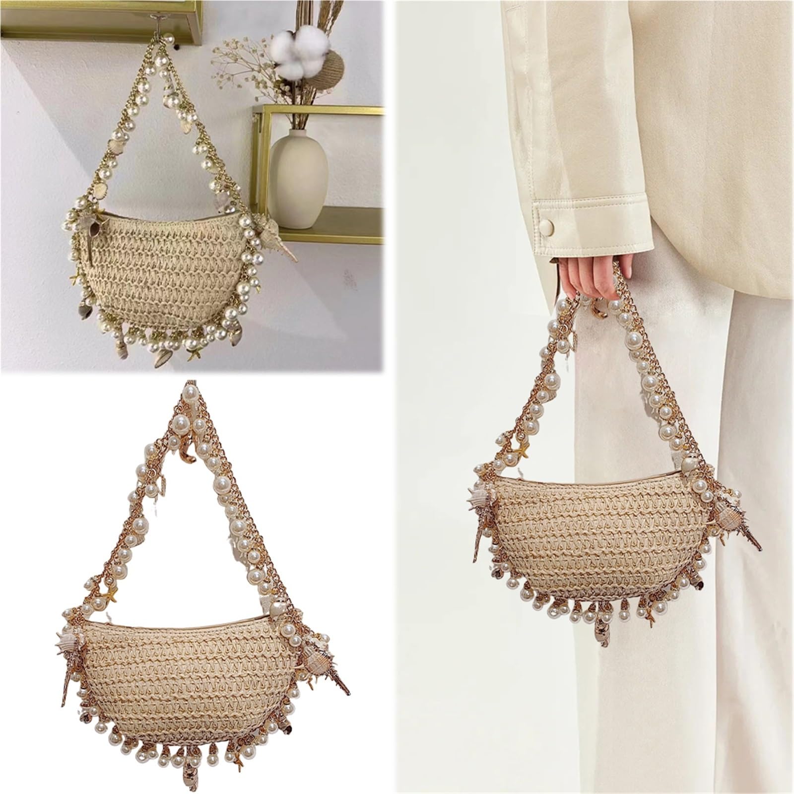 Women Pearl Conch Handbag With Chain Elegant Shoulder Bag Handwoven Holiday Beach Commute Party