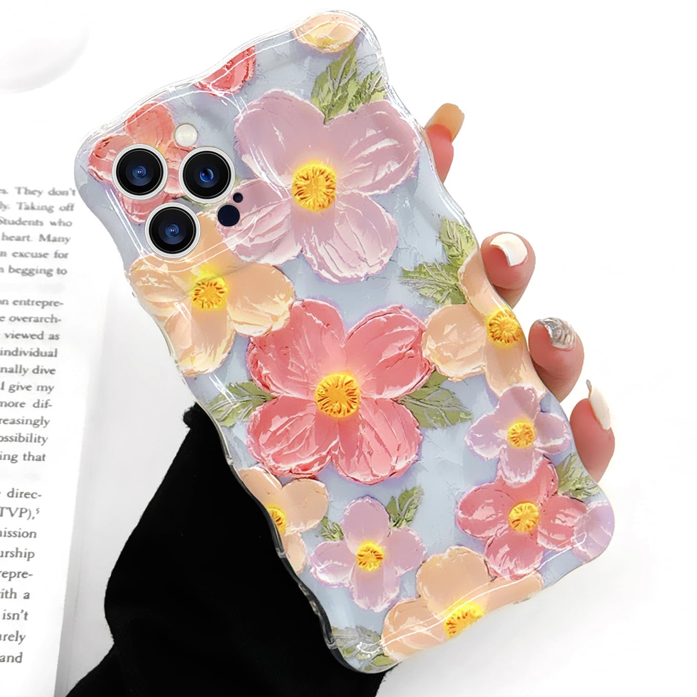 rafamau Floral Case for iPhone 14 Pro Max, Curly Wave Frame Flower Phone Case for Girls Women Soft Protective Cover for iPhone 14 Pro Max 6.7 inch