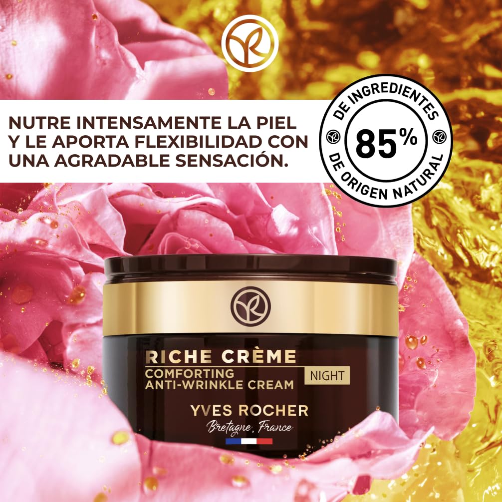 Yves Rocher RICHE CRÈME - Crema Facial de Noche Antiarrugas - Cuidado Nocturno Anti Edad para Mujeres - Con Aceite de 1000 Rosas para una Regeneración Celular Intensa - 50ml