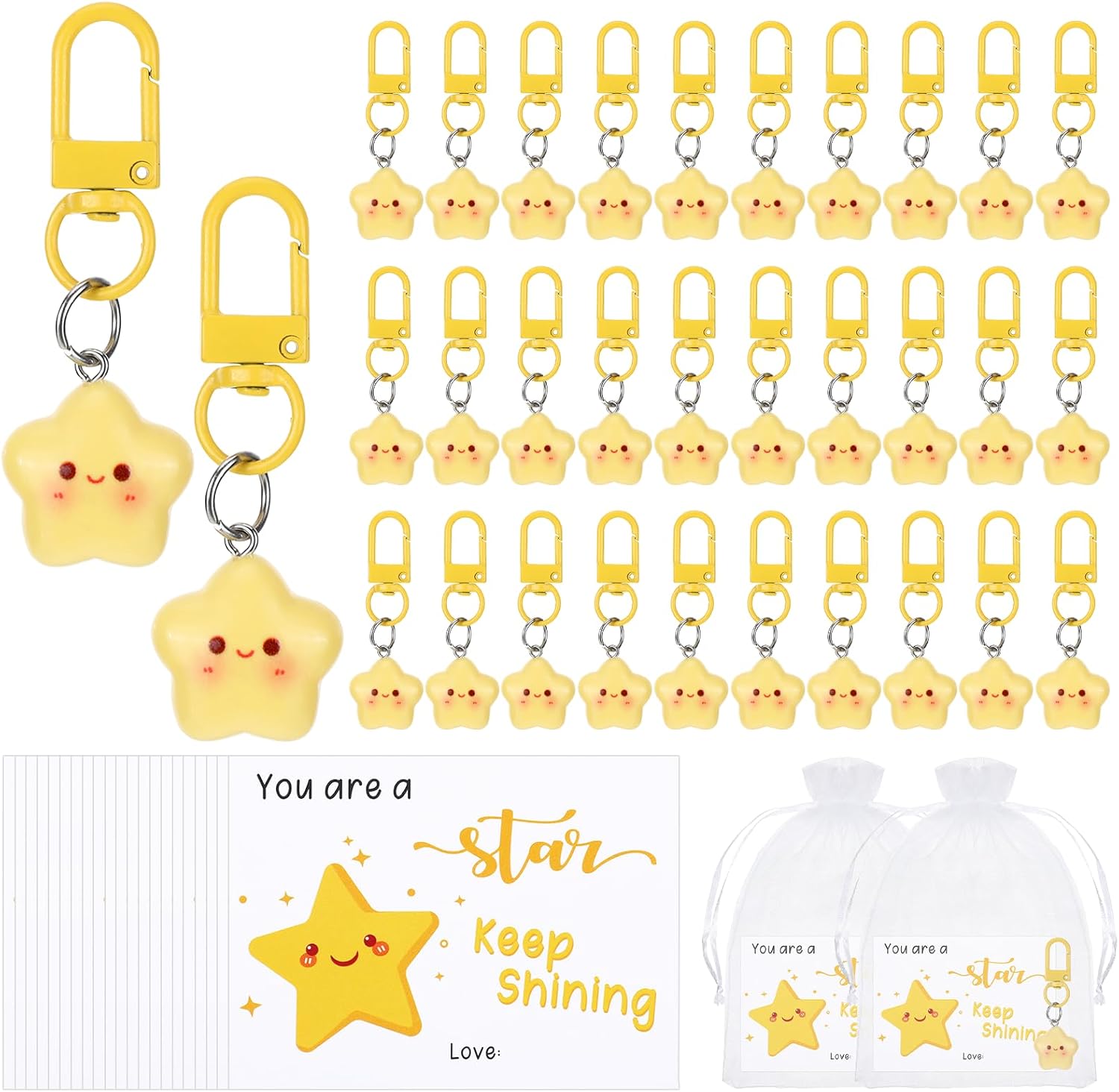 30 Pcs Star Keychain Bulk with Cards and Organza Bags-Plastic & Resin Star Charms for Keys, Bags, and Decorative Accents