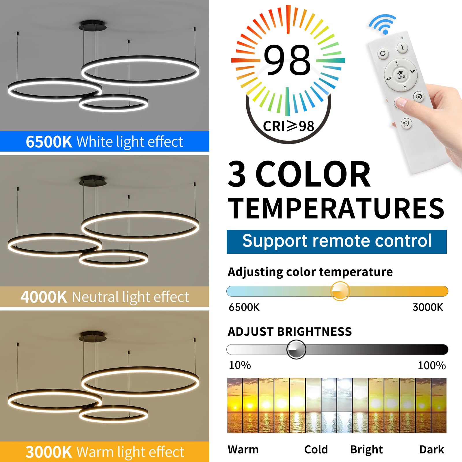 Mikeru 3 Ringe LED Pendelleuchte, 20+40+60cm Küchenlampe Hängeleuchte Modern Esszimmer Dimmbar 10% bis 100% 3000K/4500K/6000K Hängelampe LED Esstisch für Wohnzimmer, Küche