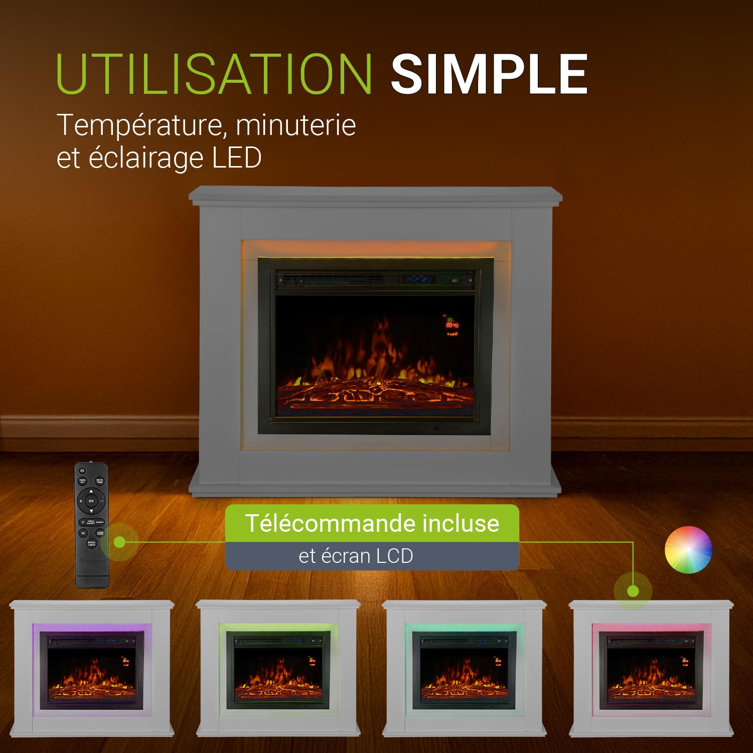 Juskys Cheminée électrique 1000/2000 W avec Chauffage, cheminée, Effet Flamme, télécommande, éclairage LED et minuterie (Blanc)(98x28x81cm)