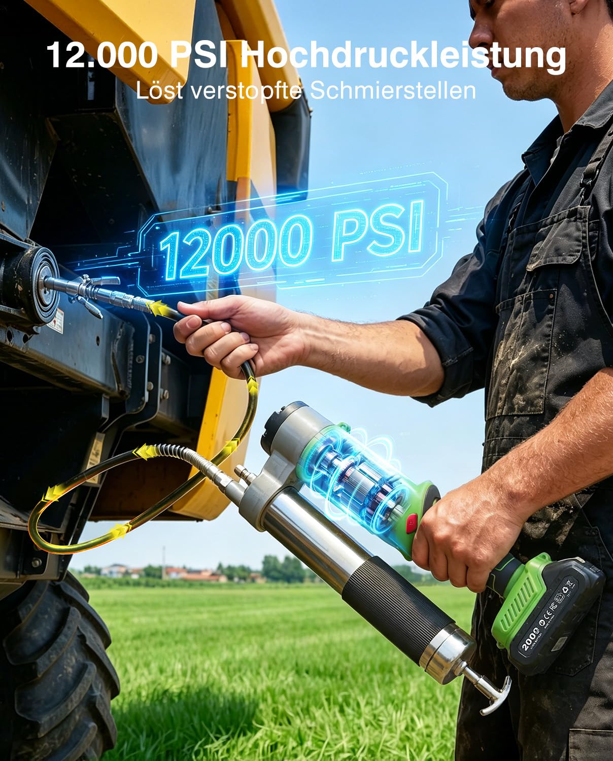TaskStar Akku-Fettpresse 12000PSI, 2-in-1-Elektrisch-Fettpressen-Set mit 2 Akkus, 120cm-Schlauch, Schnellkupplung, 90° A, LED-Licht, für Heimwerker, Industrie und Landwirtschaft