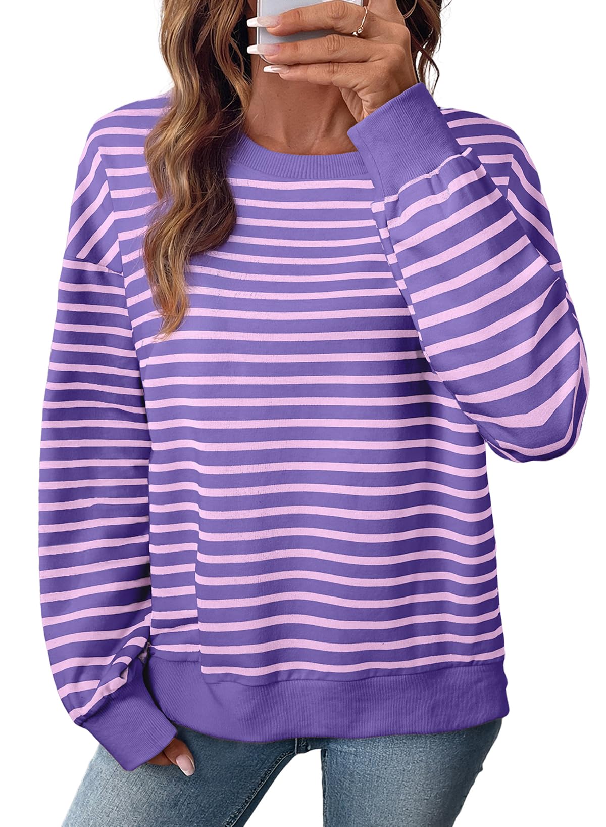 Oversized Sweatshirt for Women Crew Neck Striped Shirt Pullover Women Autumn Fashion 2025-image-4