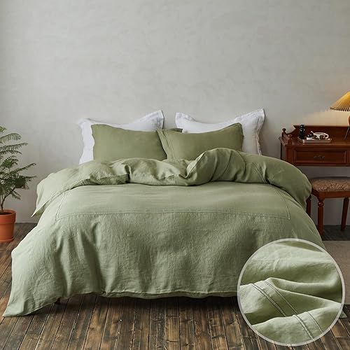 Simple&Opulence Juego de funda de edredón 100% lino lavado de 104 x 92 pulgadas, juego de edredón suave de 3 piezas, doble bordado con cierre de