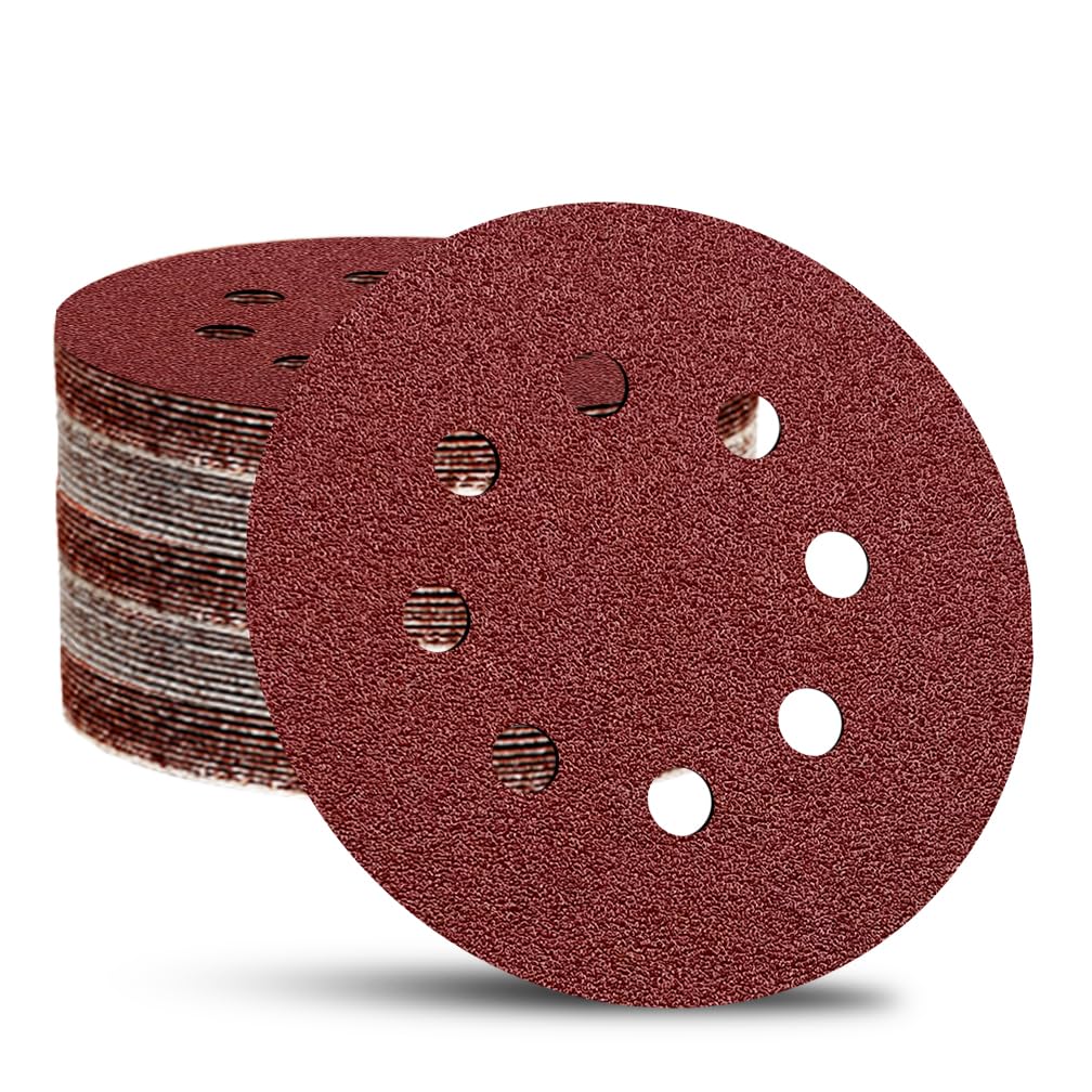 52 Pack 5 Inch 8-Hole Hook and Loop Sanding Discs Sandpaper Red Round 120 Grit Sandpaper for Random Orbital Sander โ image 1