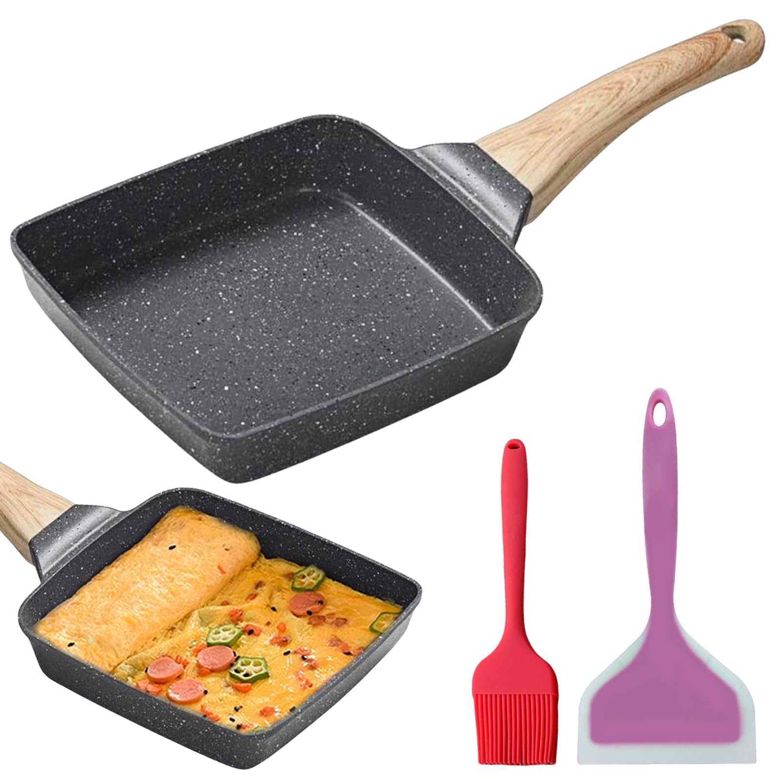 Padella per Omelette Giapponese, Padella Tamagoyaki con Spatola in Silicone e Pennello, Antiaderente Padella Rettangolare per Frittate Giapponesi, per Tutti i Tipi di Fornelli, Nero