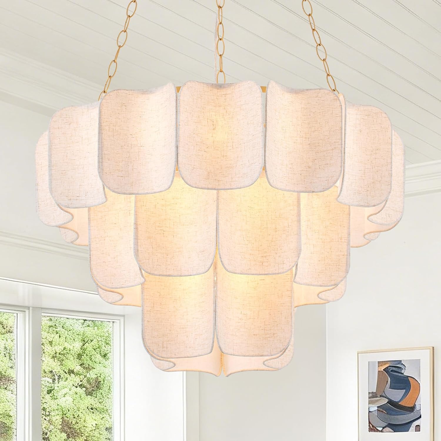 29’’ Modern Gold Chandelier Light Fixture 7-Light Round Chandelier with Beige Linen Shade 3-Tier Large Farmhouse Pendant Light for Dining Room Living Room Bedroom Foyer, UL Listed