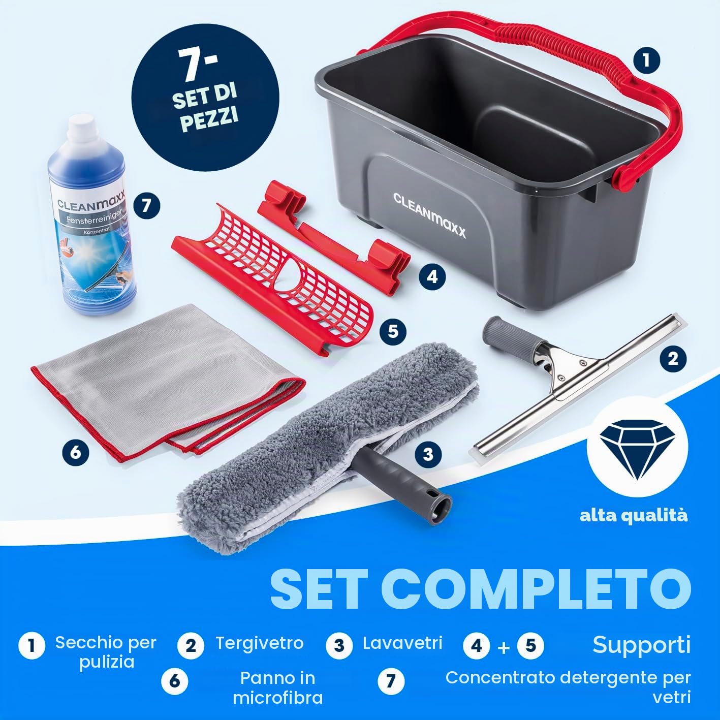 CLEANmaxx Detergente per vetri, set da 7 pezzi | Pulizia dei vetri senza aloni | Set completo con detergente, spatola per vetri, secchio, spatola, panno in microfibra | Ideale per casa, auto e doccia