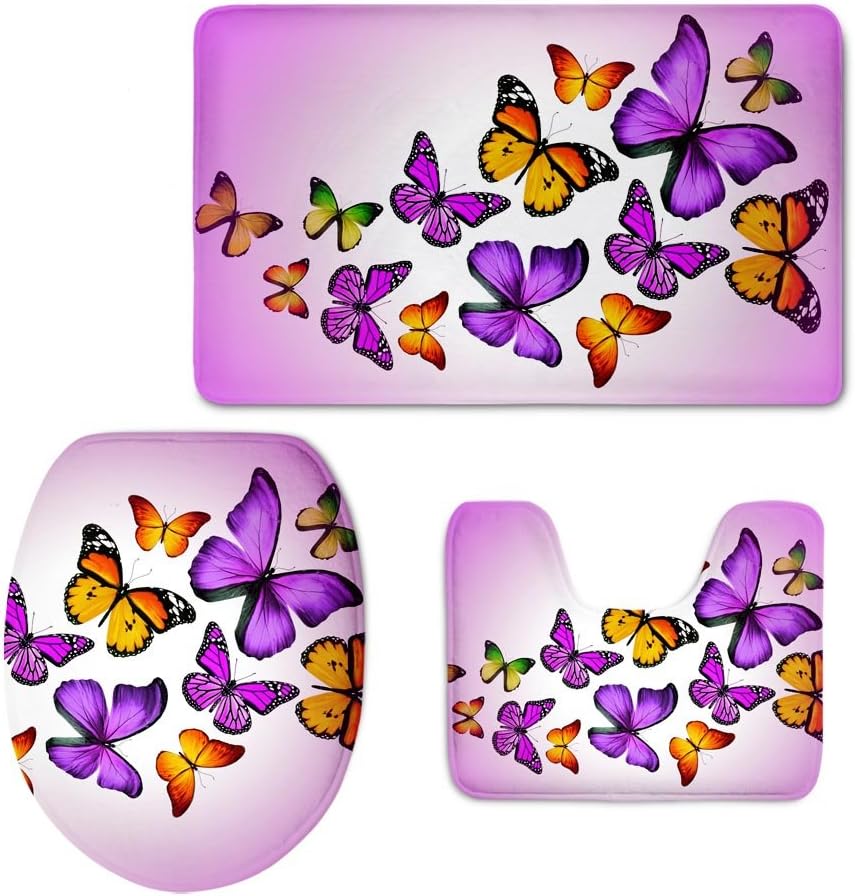 UNICEU Soft Flannel Non Slip Bath Carpet Set Butterfly Bathroom Mat Contour Rug and Toilet Lid Cover